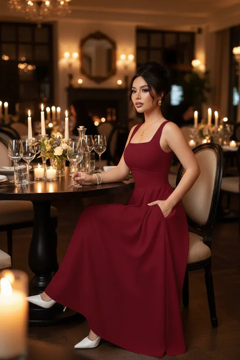 Burgundy Maxi Dress Restaurant - Professional Quality