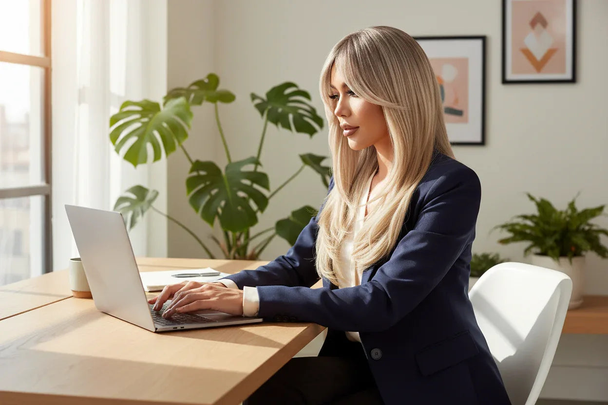 Platinum Highlight Synthetic Wig for Women - Long Straight Layered Heat Resistant Wig with Bangs for Daily Use - 