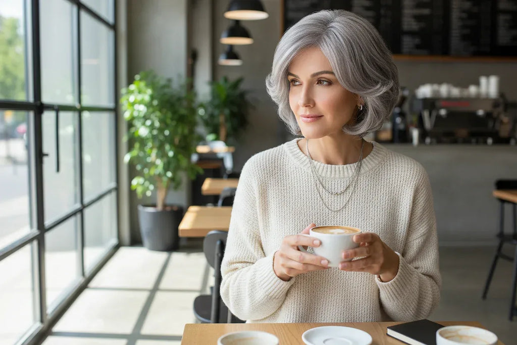 Short Grey Ombre Curly Wig with Bangs - Soft Mommy Hair for Daily Use and Costume Parties - 