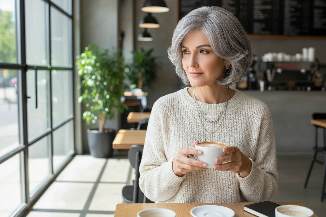 Short Grey Ombre Curly Wig with Bangs - Soft Mommy Hair for Daily Use and Costume Parties - 