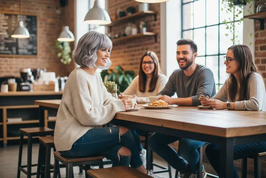 Short Grey Ombre Curly Wig with Bangs - Soft Mommy Hair for Daily Use and Costume Parties - 