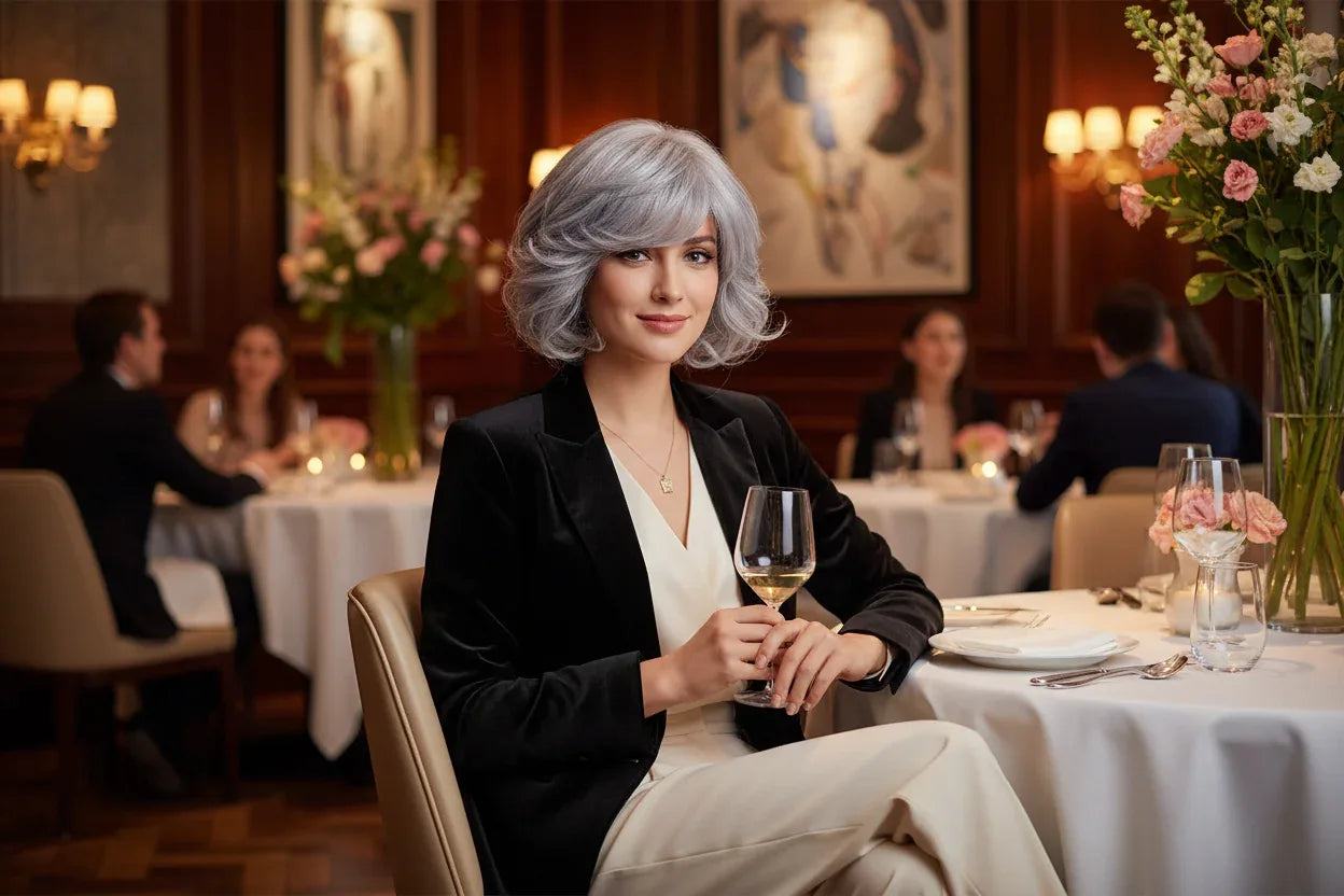 Short Grey Ombre Curly Wig with Bangs - Soft Mommy Hair for Daily Use and Costume Parties - 