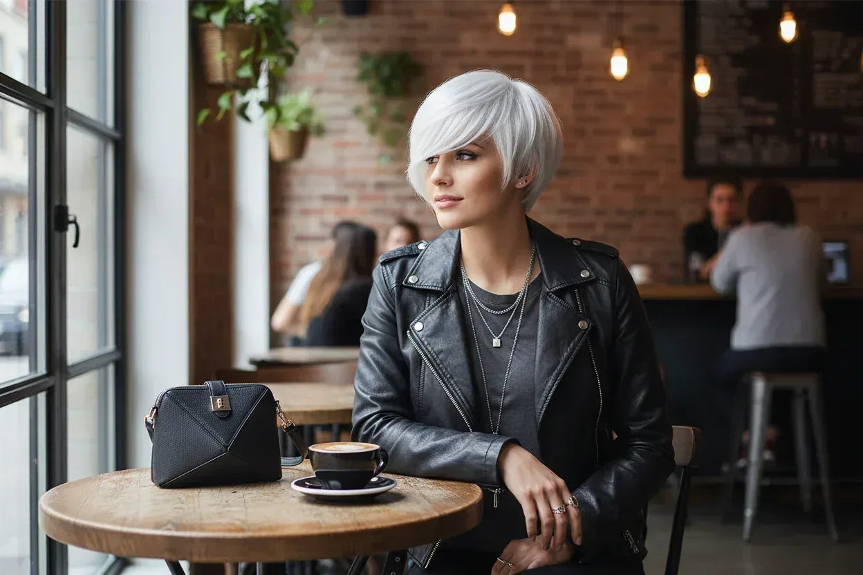 HAIRJOY Short White Wig with Fringe for Women – Synthetic Heat Resistant Pixie Wig for Cosplay and Halloween Parties - 