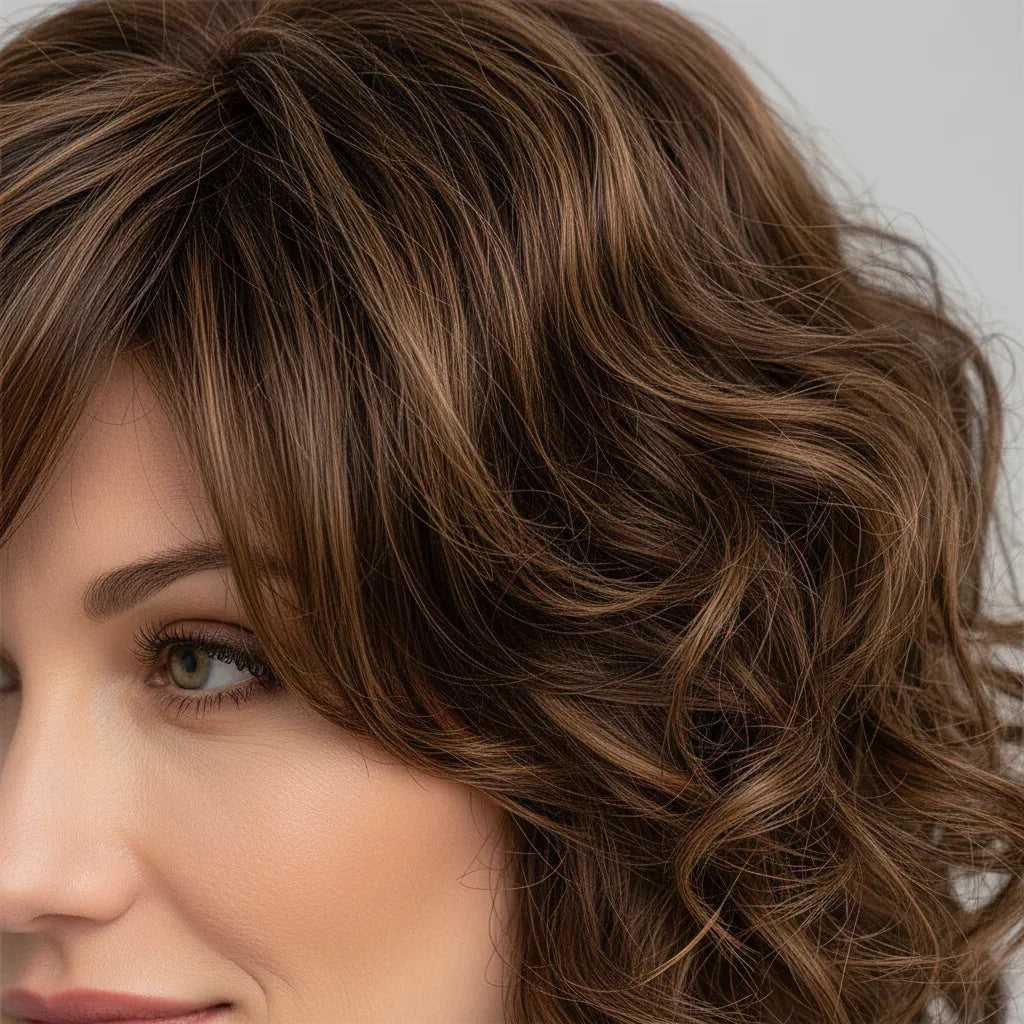 Close-up detail of short brown ombre curly wig showing natural curl pattern, synthetic fiber texture and ombre color gradient from dark to light brown