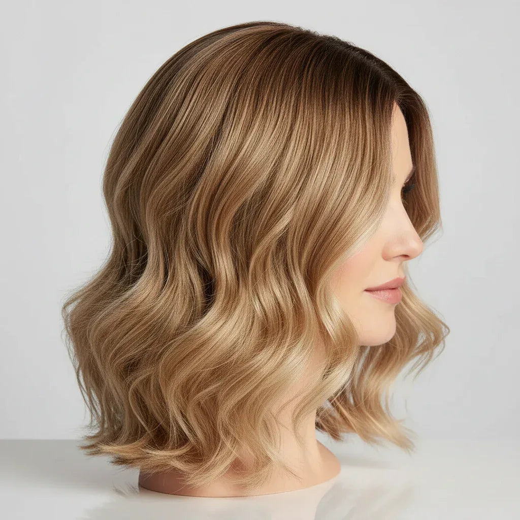 Detail shot of blonde wig with dark brown roots showing wavy texture, natural movement and color dimension from dark roots to blonde ends