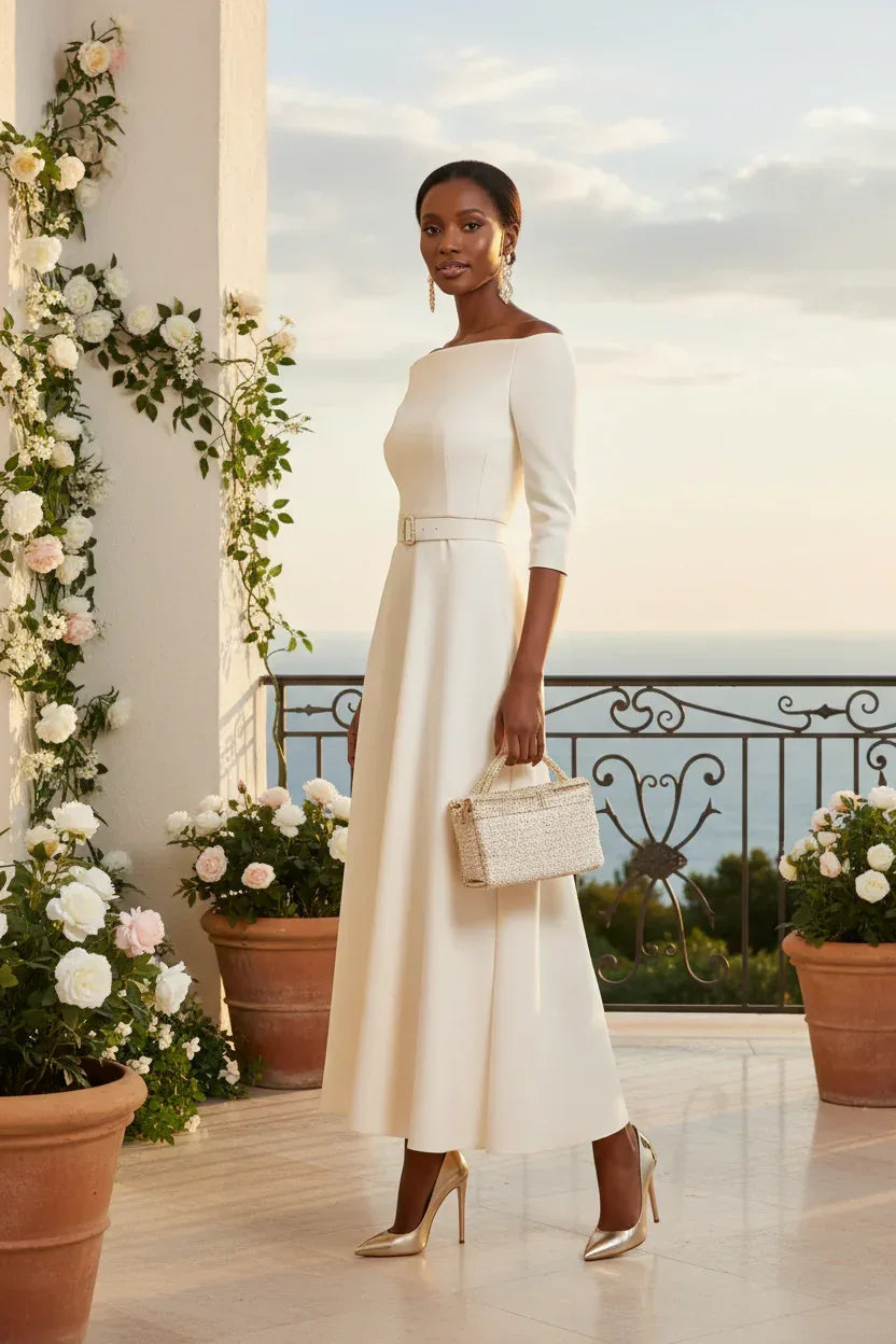 Woman wearing elegant off-white off-shoulder belted maxi dress in garden setting - romantic lifestyle photography