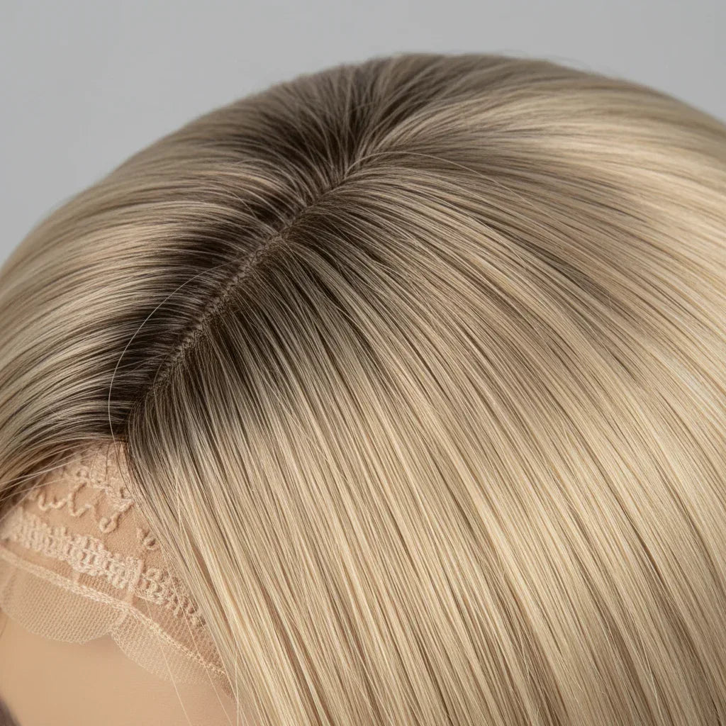 Close-up detail of blonde wig with dark brown roots showing heat-resistant fiber texture and natural root-to-blonde gradient transition