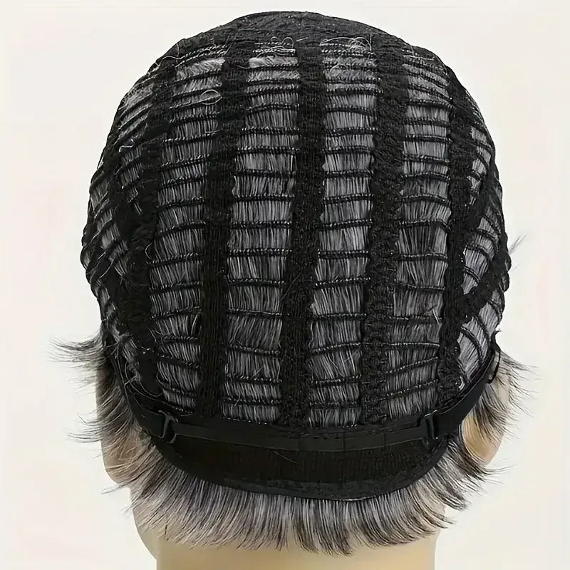 Light Gray Pixie Cut Wig - Thick Synthetic Hair with Rose Mesh Hat for Everyday Wear - 