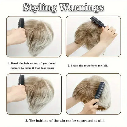 Light Gray Pixie Cut Wig - Thick Synthetic Hair with Rose Mesh Hat for Everyday Wear - 