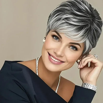 Light Gray Pixie Cut Wig - Thick Synthetic Hair with Rose Mesh Hat for Everyday Wear - 