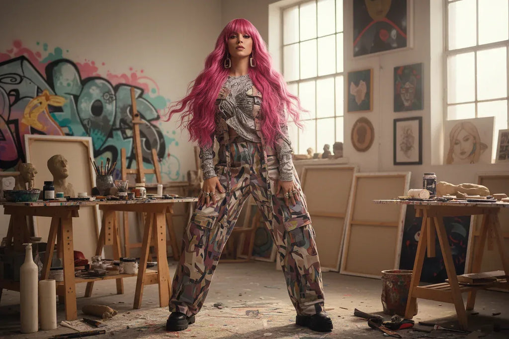 Silvery Gray Ombre Wig - Layered Medium-Length Wavy Hair with Curtain Bangs (22 inches) - 