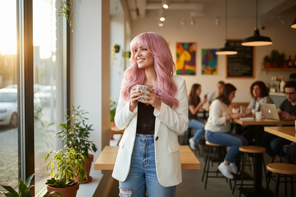 Silvery Gray Ombre Wig - Layered Medium-Length Wavy Hair with Curtain Bangs (22 inches) - 