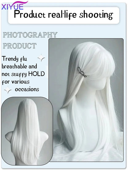 Premium White Long Straight Wig with Bangs - Cosplay & Party - White