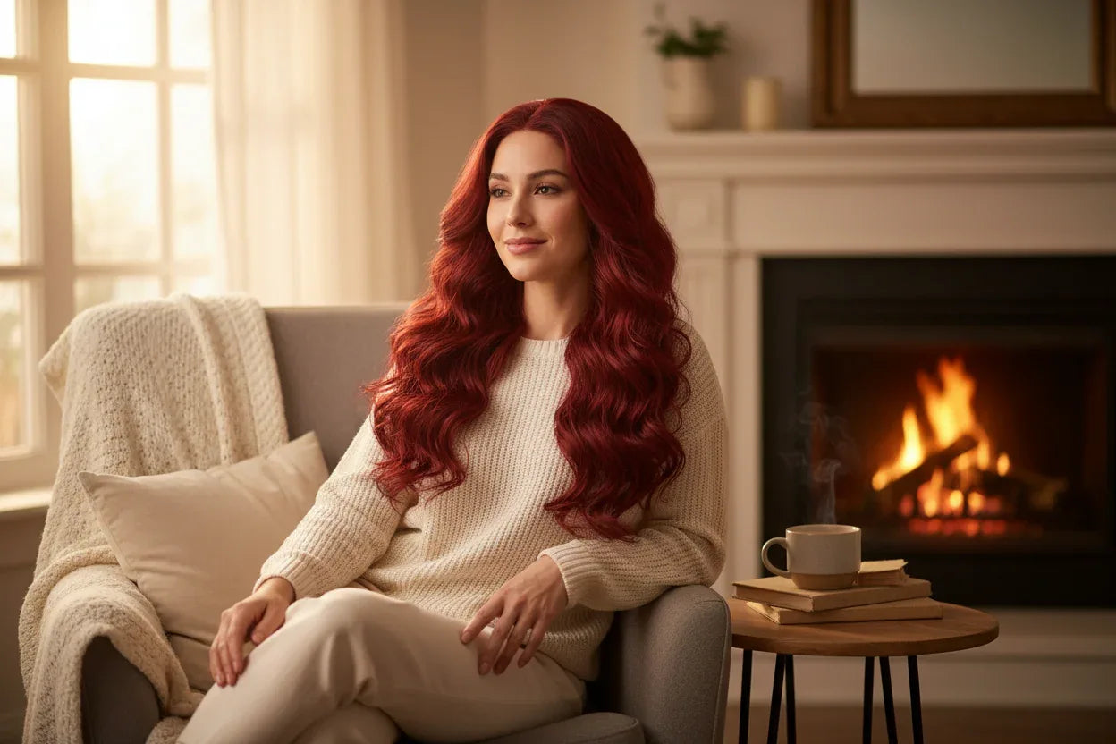 Red Synthetic Wig, Naturally Wavy, Long Curly Hair, Women's Daily Party Cosplay, Heat-Resistant Full Head Cover - 