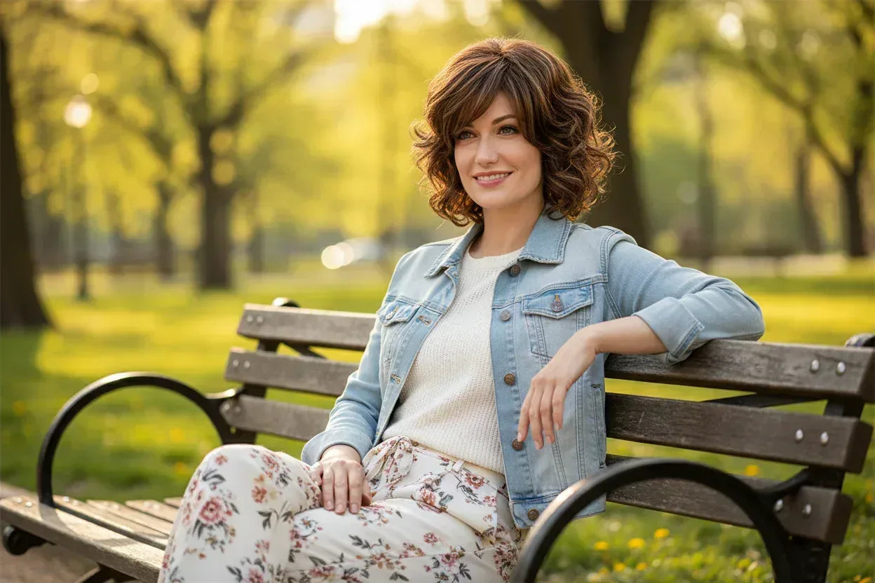 Short Brown Ombre Curly Wig with Bangs - Natural Synthetic Hair for Daily Use - 