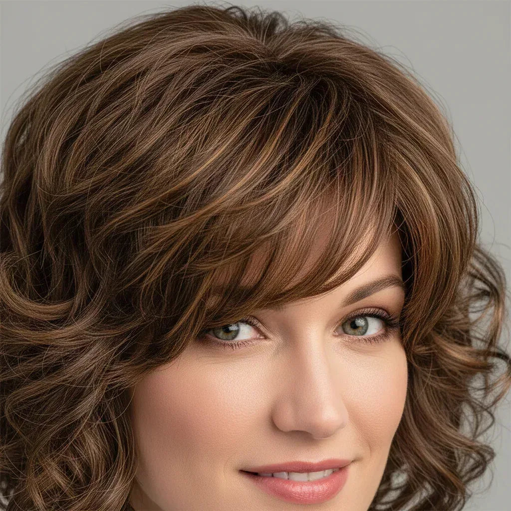 Detail shot of short brown ombre curly wig bangs showing fringe precision cut, natural curl bounce and ombre color transition