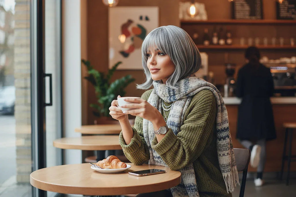 Silvery Gray Ombre Wig - Layered Medium-Length Wavy Hair with Curtain Bangs (22 inches) - 