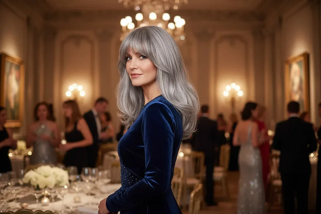 Silvery Gray Ombre Wig - Layered Medium-Length Wavy Hair with Curtain Bangs (22 inches) - 