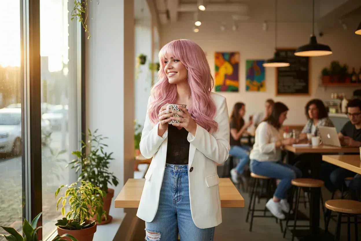 Silvery Gray Ombre Wig - Layered Medium-Length Wavy Hair with Curtain Bangs (22 inches) - 