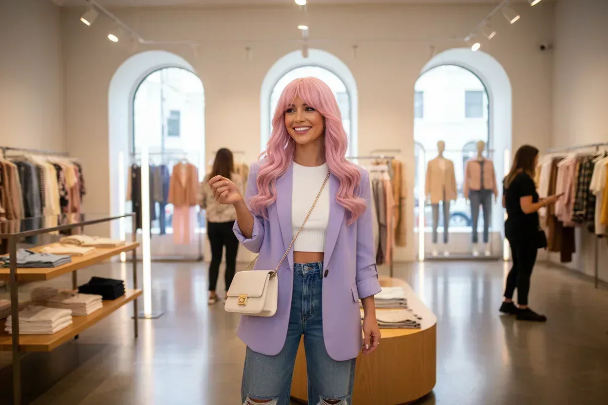 Silvery Gray Ombre Wig - Layered Medium-Length Wavy Hair with Curtain Bangs (22 inches) - 