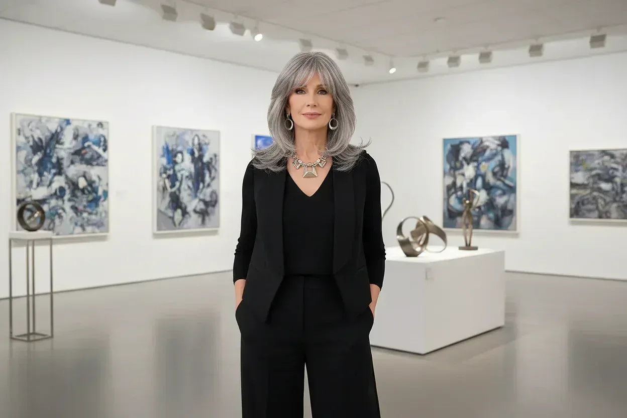 Silvery Gray Ombre Wig - Layered Medium-Length Wavy Hair with Curtain Bangs (22 inches) - 