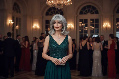 Silvery Gray Ombre Wig - Layered Medium-Length Wavy Hair with Curtain Bangs (22 inches) - 