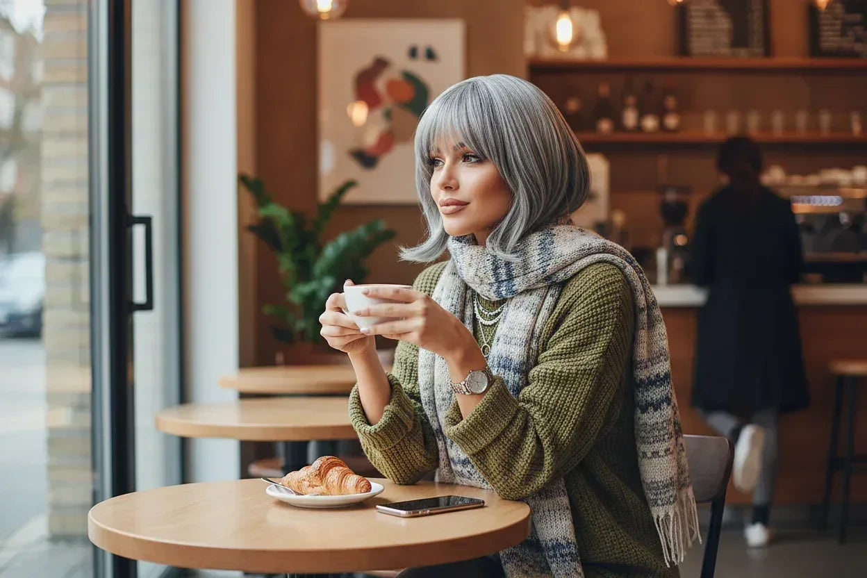 Silvery Gray Ombre Wig - Layered Medium-Length Wavy Hair with Curtain Bangs (22 inches) - 
