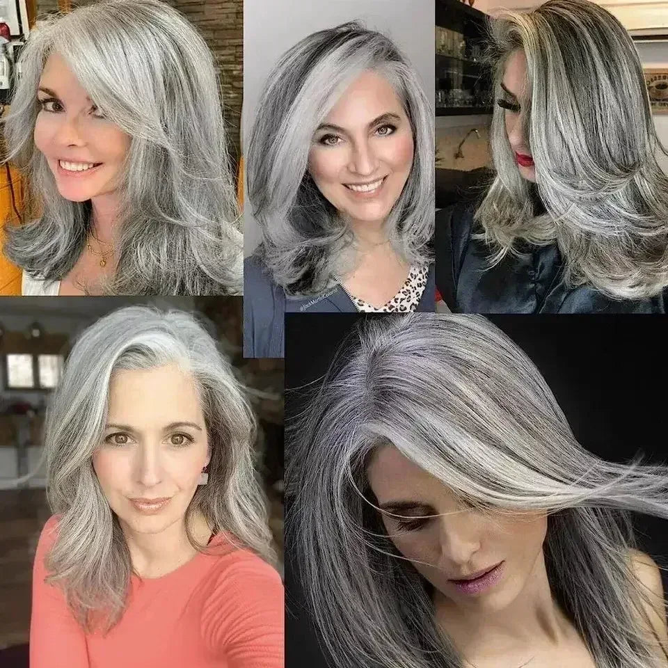 Silvery Gray Ombre Wig - Layered Medium-Length Wavy Hair with Curtain Bangs (22 inches) - 