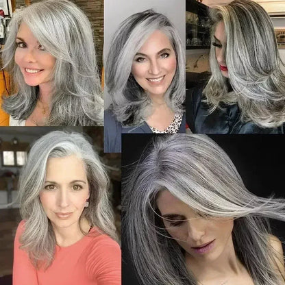 Silvery Gray Ombre Wig - Layered Medium-Length Wavy Hair with Curtain Bangs (22 inches) - 