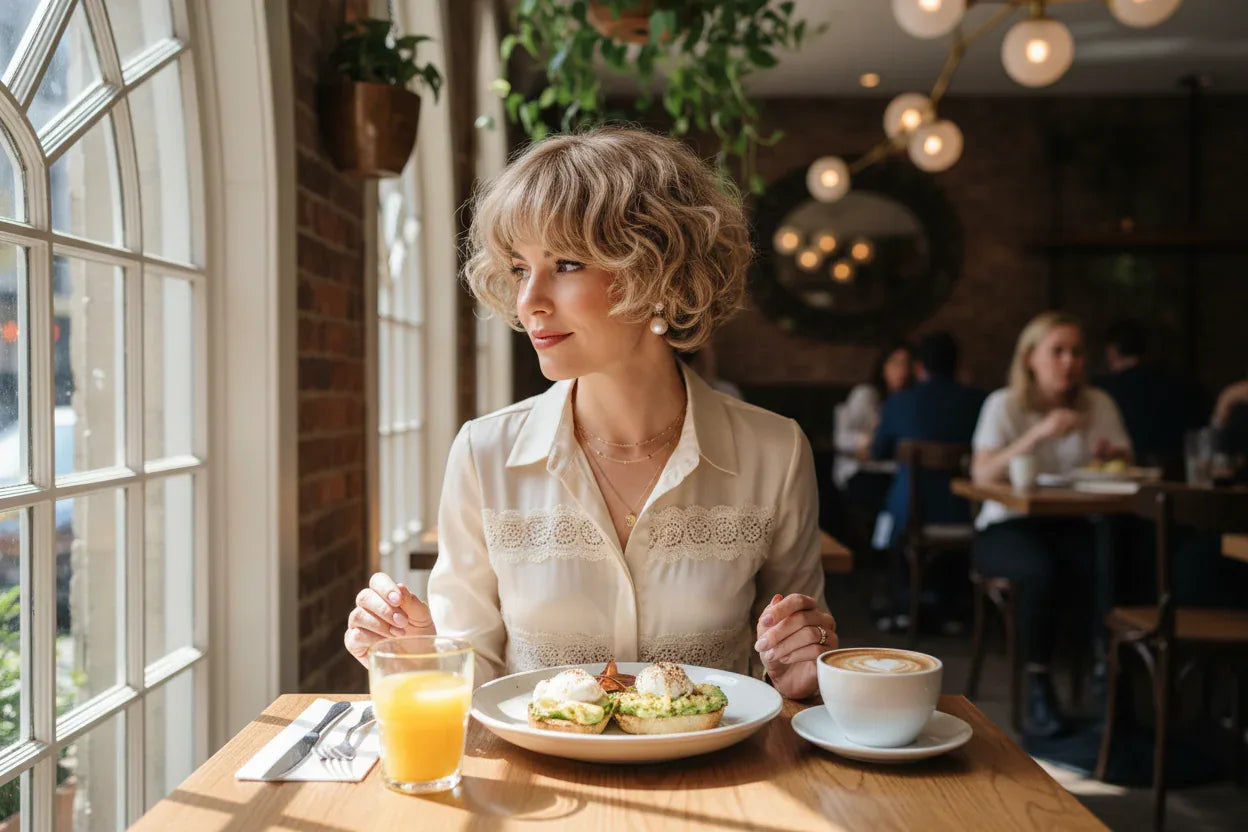 Short Natural Wigs with Bangs - Soft Brown Ombre Curly Synthetic Hair for Daily Use and Costume Parties - 